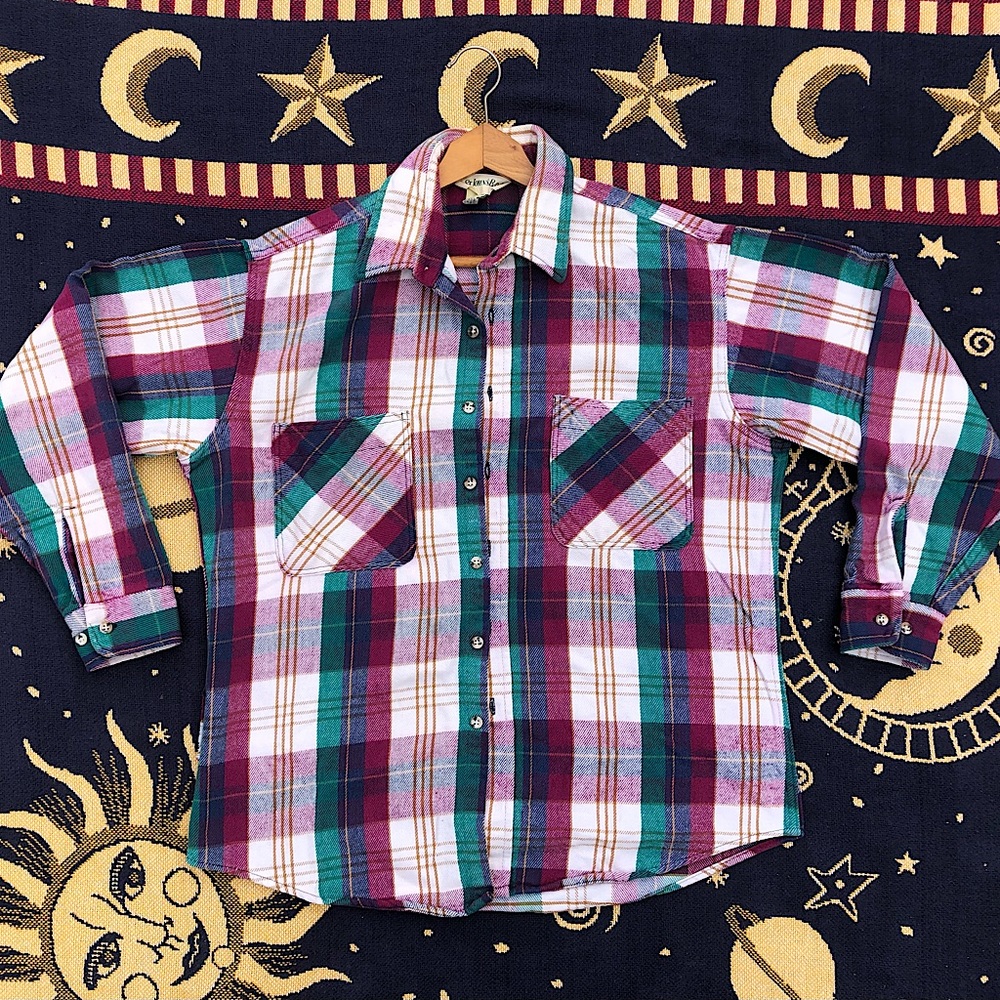 VTG | St. John’s Bay Grandpa Plaid Flannel Jacket 100% Cotton L Pink/Green/Gold